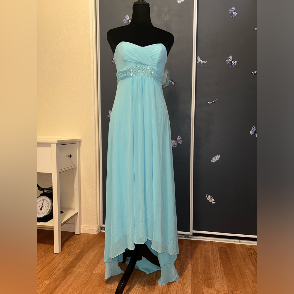 David’s Bridal Strapless Chiffon High Low Dress Size 4 Women’s Blue Beaded
